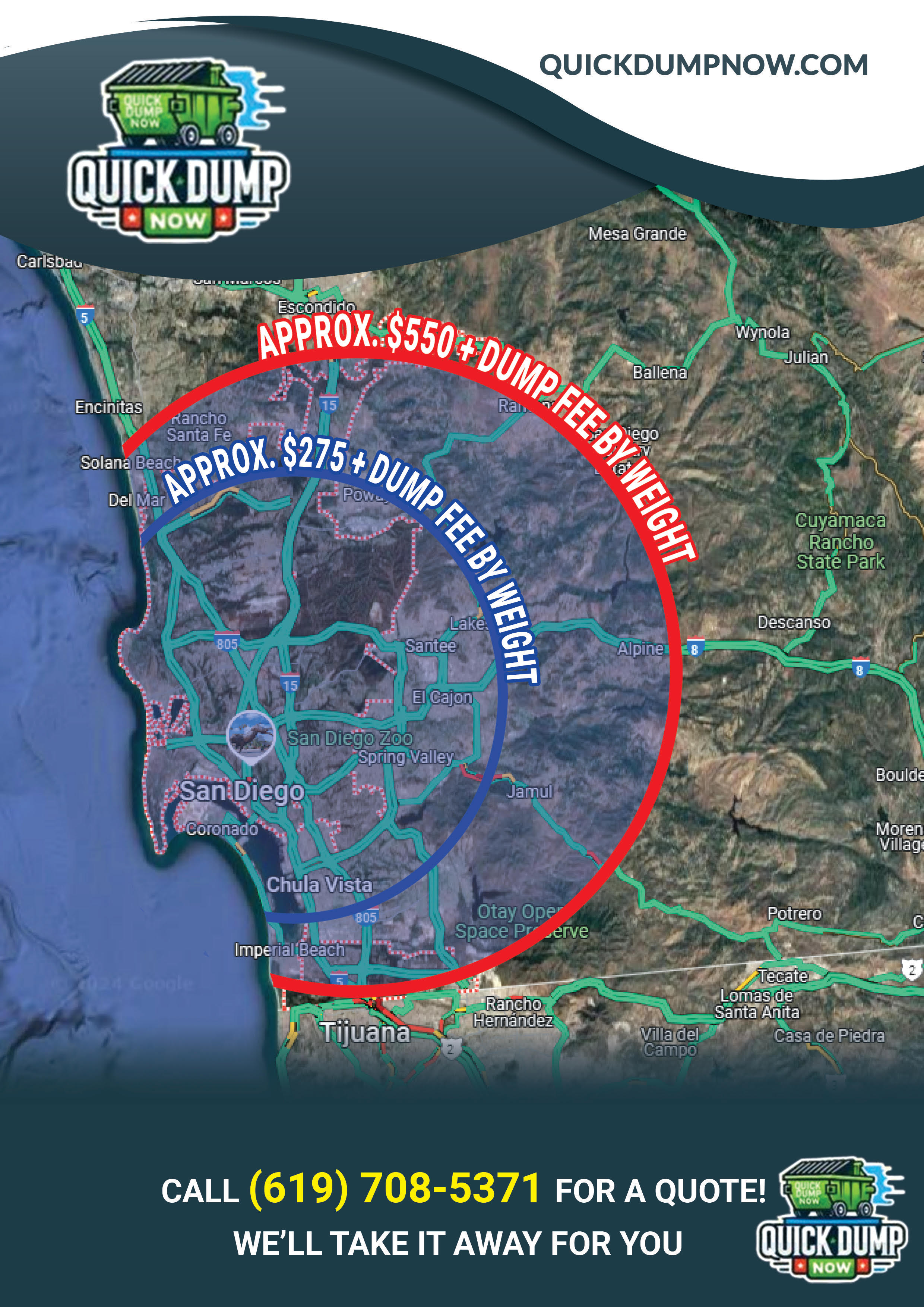 QuickDumpNow service area map — La Mesa, El Cajon, San Diego East County